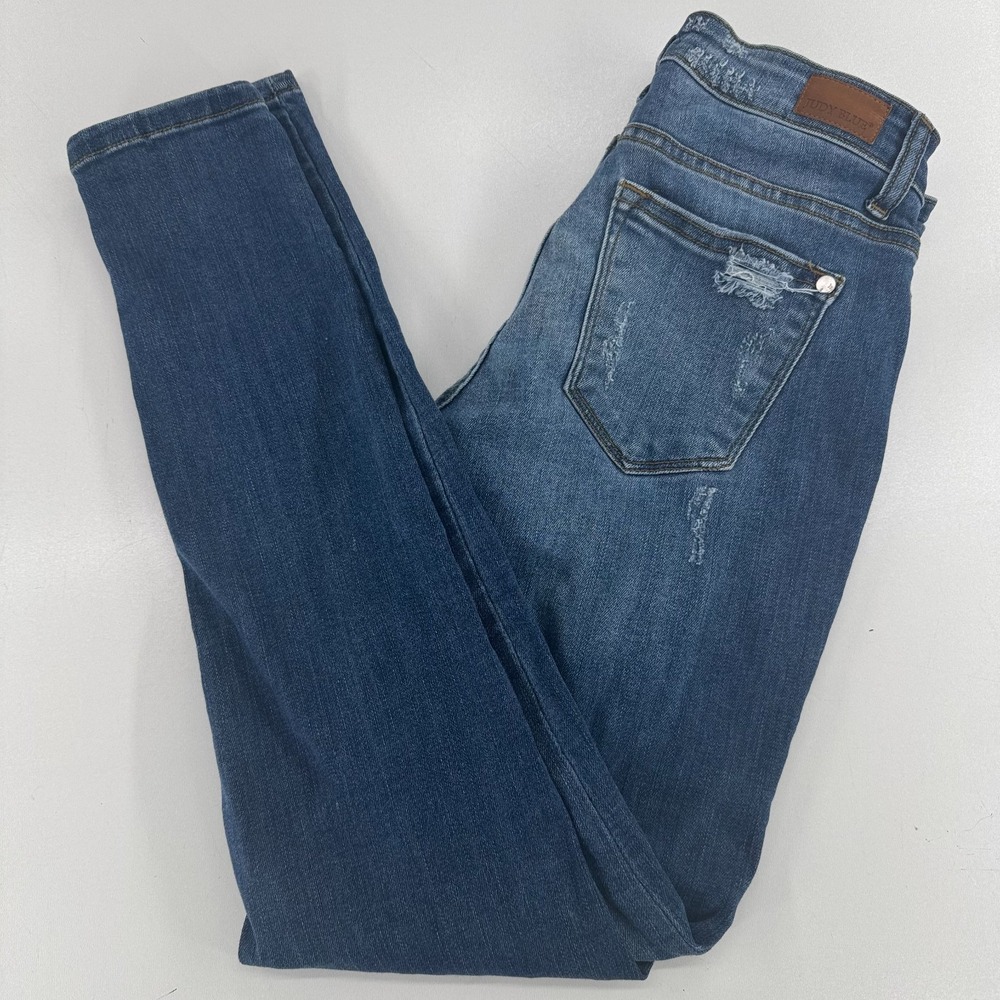 Judy Blue Distressed Skinny Fit Jeans WOMENS Blue Denim Cheetah Print SZ 3 26x27